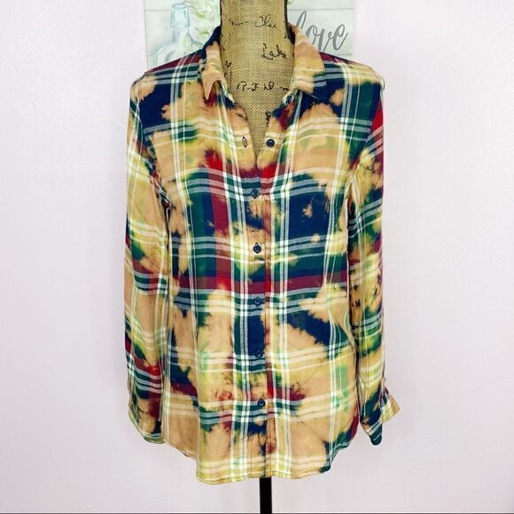 buttons Tops - Buttons Bleach Dyed Plaid Flannel Button Front Shirt Peach Small‎